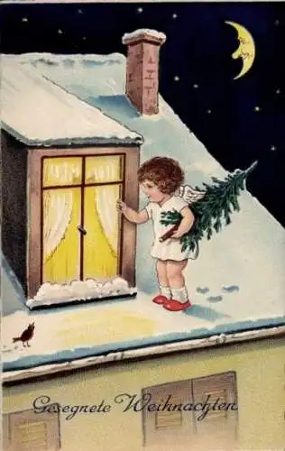 Ak Frohe Weihnachten, Tannenbaum, Kind auf dem Dach