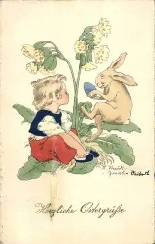 Künstler Ak Glückwunsch Ostern, Osterhase, Kind