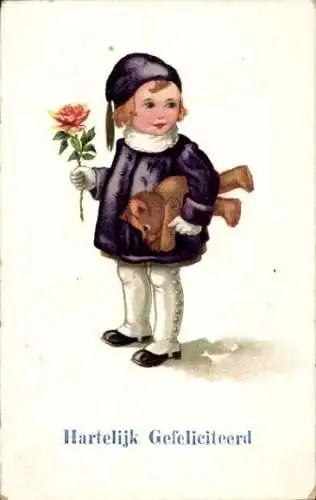 Ak Glückwunsch, Kind mit Rose, Teddy