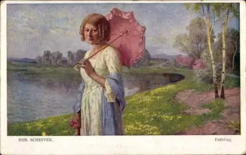 Künstler Ak Scheffer, R., Frühling, Frau mit Sonnenschirm, gemaltes Porträt