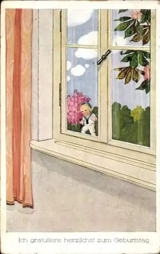 Ak Glückwunsch Geburtstag, Fenster, Knabe in Matrosenuniform