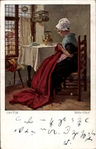 Künstler Ak Voß, Carl, Stilles Glück, Frau näht