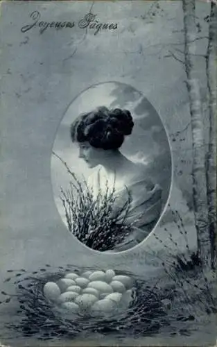 Ak Glückwunsch Ostern, Ostereier, Frauenbildnis