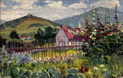 Künstler Ak Ortspartie, Fachwerkhaus, Blumen, Burg