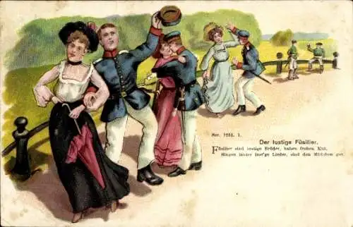 Litho Der lustige Füsilier, Soldaten, Damen
