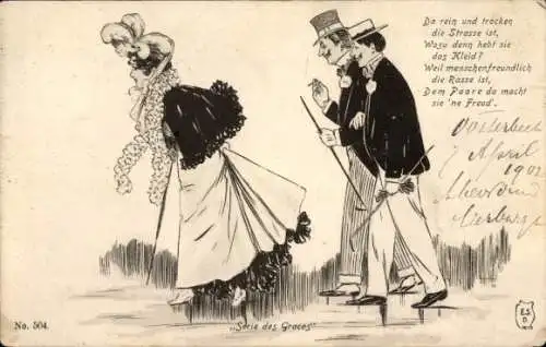 Künstler Ak Serie des Graces, elegante Frau, Herren