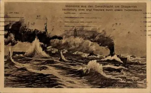 Künstler Ak Momente aus der Seeschlacht am Skagerrak, Vernichtung eines engl. Kreuzers