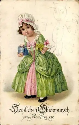Litho Glückwunsch Namenstag, Mädchen mit Geschenk