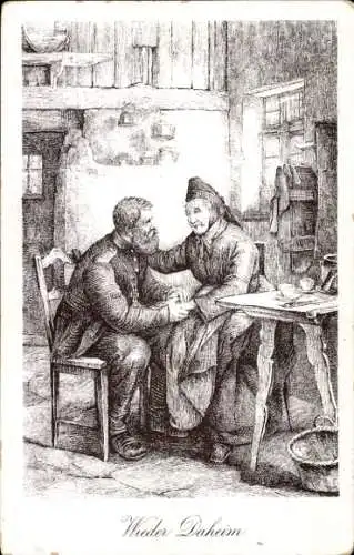 Künstler Ak Wieder Daheim, alte Frau in Tracht, Soldat