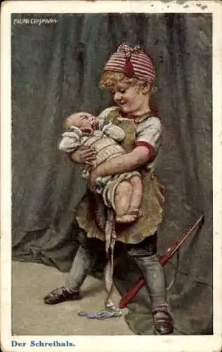 Künstler Ak Kleinkind hält ein Baby im Arm, Schreihals