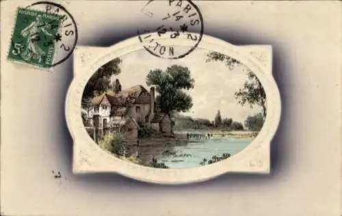 Präge Passepartout Litho Ortspartie, Haus am Wasser