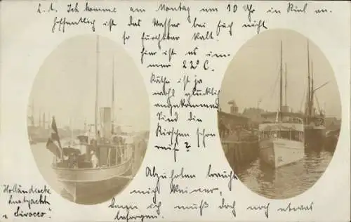 Ak Kiel, Vorderseite einer Postkarte mit zwei Schiffen im Hafen. Ein kleineres Schiff liegt ve...