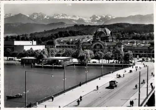 Ak Luzern Stadt Schweiz, Bahnhof, Alpenpanorama, Brücke
