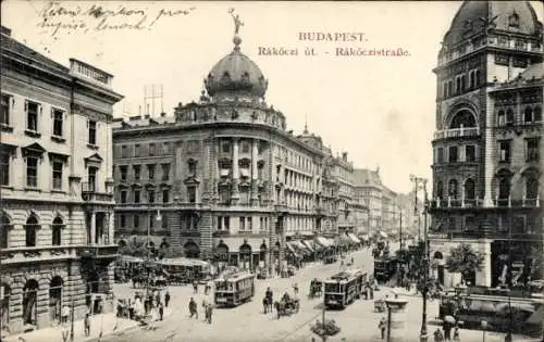 Ak Budapest Ungarn, Rákóczi út, Straßenbahnen, Geschäfte