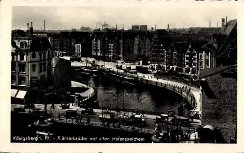 Ak Kaliningrad Königsberg Ostpreußen, Krämerbrücke, alte Hafenspeicher, Hafenansicht, historis...