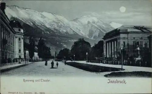 Ak Innsbruck in Tirol, Rennweg und Theater, Berge, Mondschein, Spaziergänger