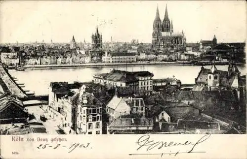 Ak Köln am Rhein, Panorama von  Rhein, Dom, Altstadt, Wasserturm, schmaler Horizont