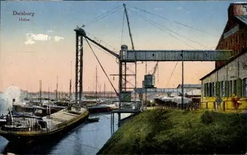 Ak Ruhrort Duisburg im Ruhrgebiet, Hafenansicht, Schiffe, Kran, historische Architektur