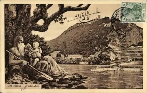 Ak Königswinter am Rhein, Drachenfels,  Rheinblick, Müller mit Kind