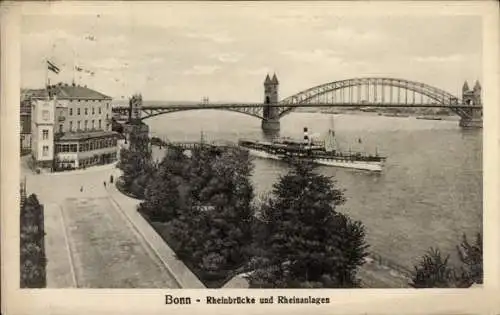Ak Bonn am Rhein, Rheinbrücke, Rheinanlagen, Flussboot, historische Architektur