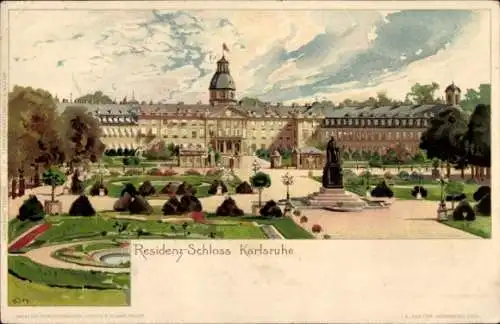 Ak Karlsruhe in Baden, Schloss  Gartenanlagen, statue, Wolken, historische Architektur