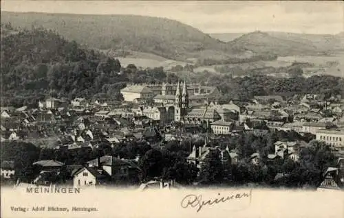 Ak Meiningen in Thüringen, Stadtansicht von  Berge im Hintergrund, historische Architektur