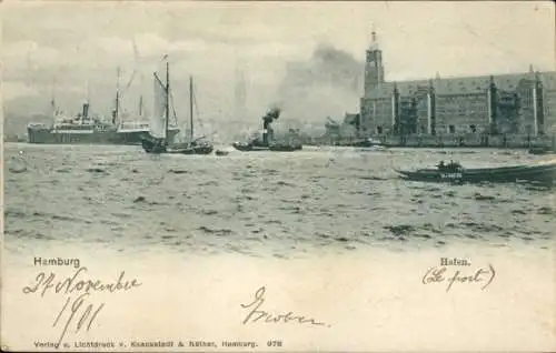 Ak Hamburg Mitte Altstadt, Hafen, Schiff, Dampfer, Boote, Turm