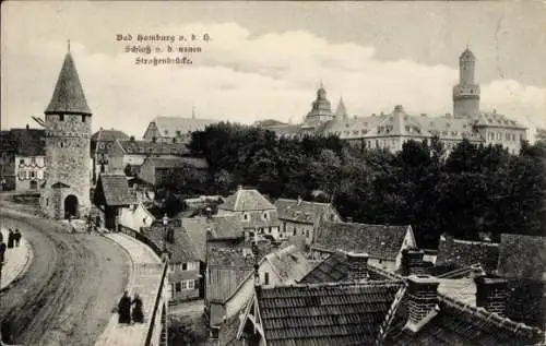 Ak Bad Homburg vor der Höhe Hessen, Schloss, Straßenbrücke, historische Architektur, Blick auf...