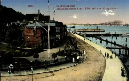 Ak Kiel,  Seebadeanstalt, Strandpromenade, Blick auf Kriegshafen