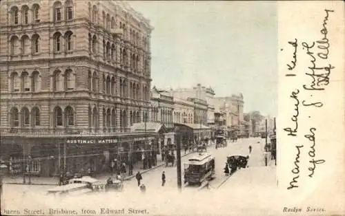 Ak Brisbane Australien, AUSTINAC HATTERS, Queen Street, von Edward Street, Stadtansicht
