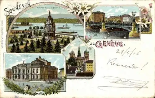 Litho Genf Stadt Schweiz, Gesamtansicht, Kirche, Brücke