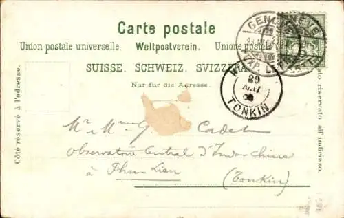 Litho Genf Stadt Schweiz, Gesamtansicht, Kirche, Brücke