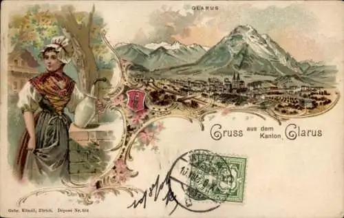 Ak Glarus Kanton Glarus Schweiz, Berglandschaft, Frau mit traditioneller Tracht, Poststempel a...