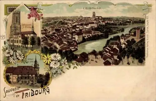 Ak Fribourg Freiburg Stadt Schweiz, Verschiedene Ansichten von  Kathedrale, Hotel, Fluss