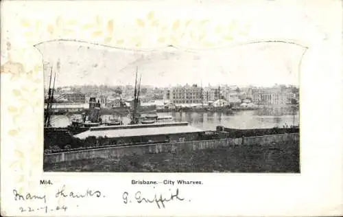 Ak Brisbane Australien, Brisbane. City Wharves, Bild von Hafen mit Schiffen, Schwarz-Weiß