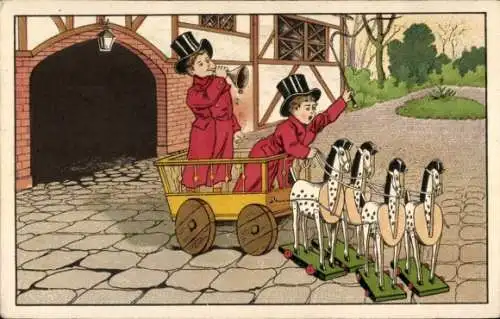 Ak Kinder im Wagen von Spielzeugen gezogen