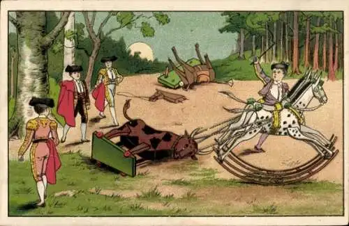 Ak Stierkampf, Junge auf Schaukelpferd, Stier-Spielzeug