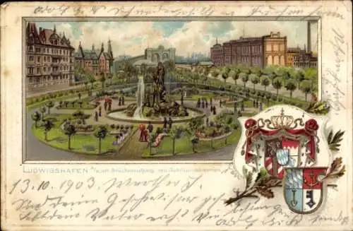 Ak Ludwigshafen am Rhein, Stadtansicht mit Jubiläumsbrunnen, Parkanlagen, historische Gebäude