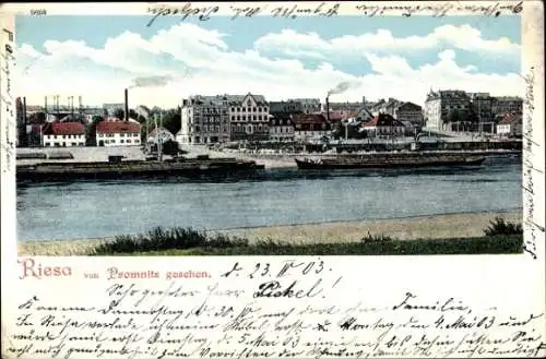 Ak Riesa an der Elbe Sachsen, Stadtansicht, Hafenansicht, historische Architektur, Wasserstrasse.