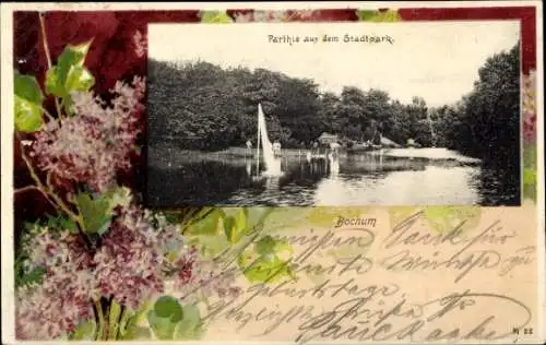 Ak Bochum im Ruhrgebiet, Blick auf einen See im Stadtpark, Segelboote, Blumen im Vordergrund