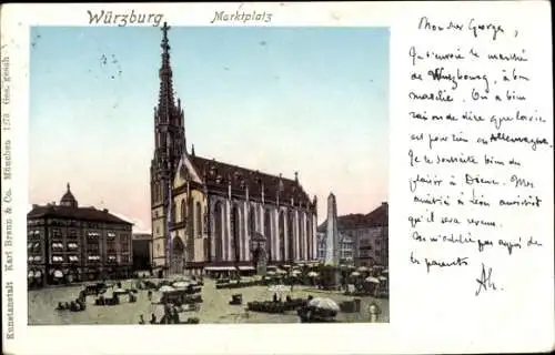 Ak Würzburg am Main Unterfranken, Würzburg Marktplatz, gotische Kirche, Marktstände, Menschen,...