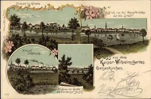 Litho Gelsenkirchen Ruhrgebiet, Kaiser Wilhelms Garten, Dahlbusch, Grotte, Nienhauser Busch, Brücke