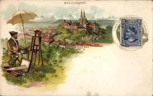 Ak Neuchâtel Neuenburg Stadt, Malender am Hang, Stadtansicht, Berge im Hintergrund, Postkarte