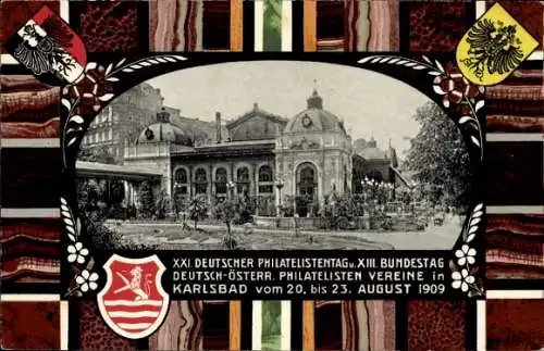 Ak Karlovy Vary Karlsbad Stadt, Deutsch-Österreichischer Philatelistentag, historische Gebäude...
