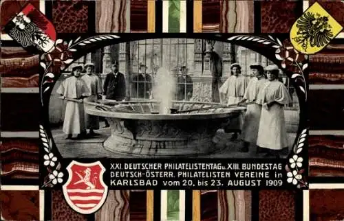Passepartout Ak Karlovy Vary Karlsbad Stadt, Trinkbrunnen, XXI. Dt. Philatelistentag 1909