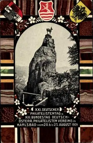 Wappen Ak Karlovy Vary Karlsbad Stadt, Hirschsprung, XXI. Deutscher Philatelistentag 1909