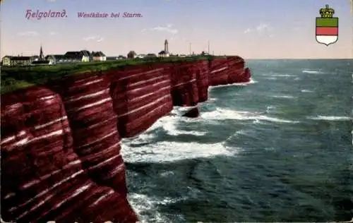 Ak Nordseeinsel Helgoland, Klippen, Meer, Westküste bei Sturm, rote Felsen