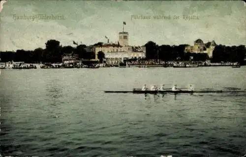 Ak Hamburg Uhlenhorst Mundsburg, Fährhaus während der Regatta, Wasserfläche, Ruderer