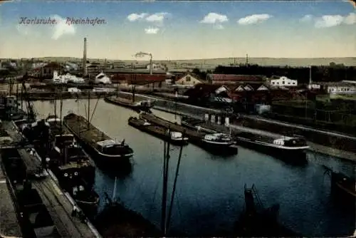 Ak Karlsruhe in Baden, Karlsruhe Rheinhafen, Hafenansicht mit mehrere Schiffe, Landschaft
