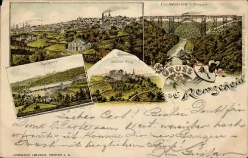Ak Remscheid im Bergischen Land, Eisenbahnbrücke, Thaisperre, Schless Barg, Gruß aus Remscheid